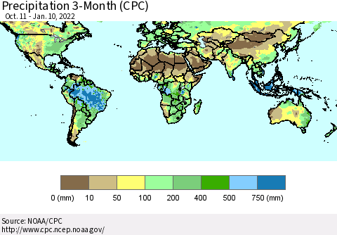 World Precipitation 3-Month (CPC) Thematic Map For 10/11/2021 - 1/10/2022