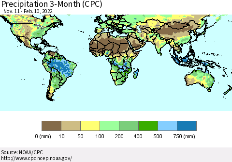 World Precipitation 3-Month (CPC) Thematic Map For 11/11/2021 - 2/10/2022