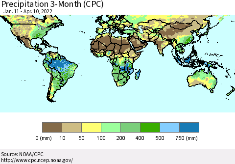 World Precipitation 3-Month (CPC) Thematic Map For 1/11/2022 - 4/10/2022