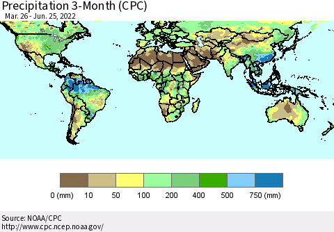 World Precipitation 3-Month (CPC) Thematic Map For 3/26/2022 - 6/25/2022