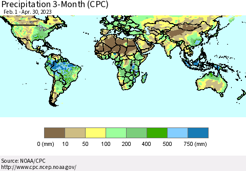 World Precipitation 3-Month (CPC) Thematic Map For 2/1/2023 - 4/30/2023