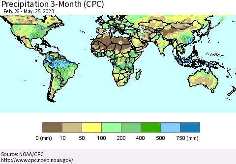 World Precipitation 3-Month (CPC) Thematic Map For 2/26/2023 - 5/25/2023