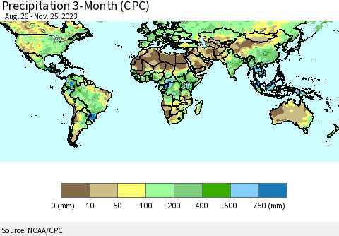World Precipitation 3-Month (CPC) Thematic Map For 8/26/2023 - 11/25/2023