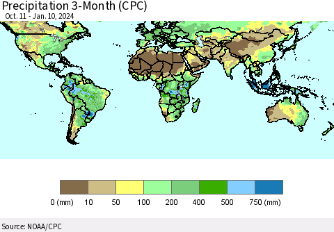 World Precipitation 3-Month (CPC) Thematic Map For 10/11/2023 - 1/10/2024