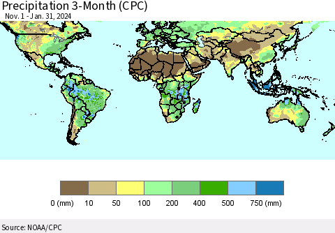 World Precipitation 3-Month (CPC) Thematic Map For 11/1/2023 - 1/31/2024