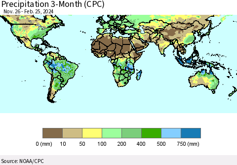 World Precipitation 3-Month (CPC) Thematic Map For 11/26/2023 - 2/25/2024