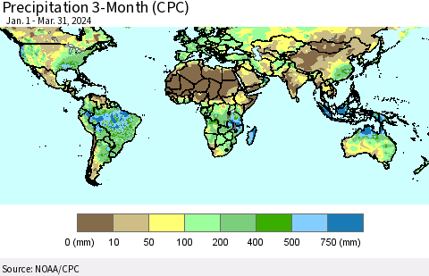 World Precipitation 3-Month (CPC) Thematic Map For 1/1/2024 - 3/31/2024