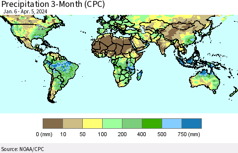 World Precipitation 3-Month (CPC) Thematic Map For 1/6/2024 - 4/5/2024