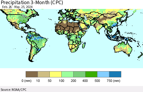 World Precipitation 3-Month (CPC) Thematic Map For 2/26/2024 - 5/25/2024