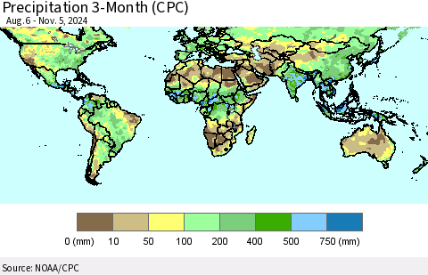 World Precipitation 3-Month (CPC) Thematic Map For 8/6/2024 - 11/5/2024