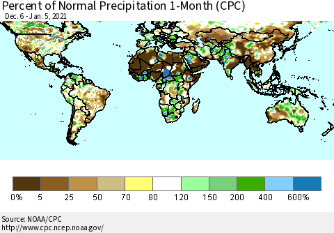 World Percent of Normal Precipitation 1-Month (CPC) Thematic Map For 12/6/2020 - 1/5/2021