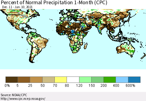 World Percent of Normal Precipitation 1-Month (CPC) Thematic Map For 12/11/2020 - 1/10/2021