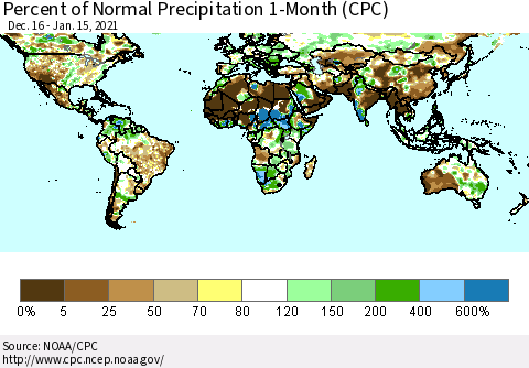 World Percent of Normal Precipitation 1-Month (CPC) Thematic Map For 12/16/2020 - 1/15/2021