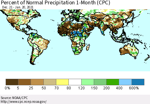 World Percent of Normal Precipitation 1-Month (CPC) Thematic Map For 12/21/2020 - 1/20/2021