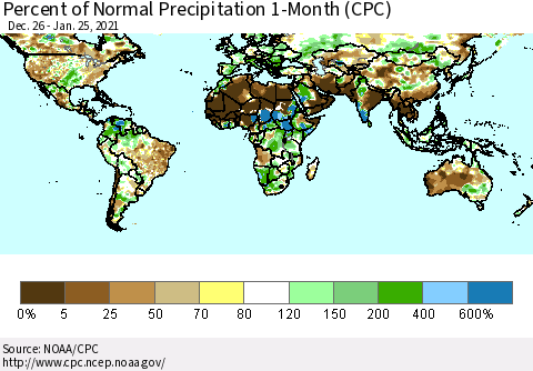 World Percent of Normal Precipitation 1-Month (CPC) Thematic Map For 12/26/2020 - 1/25/2021