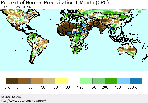 World Percent of Normal Precipitation 1-Month (CPC) Thematic Map For 1/11/2021 - 2/10/2021