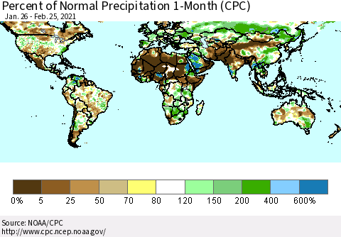World Percent of Normal Precipitation 1-Month (CPC) Thematic Map For 1/26/2021 - 2/25/2021