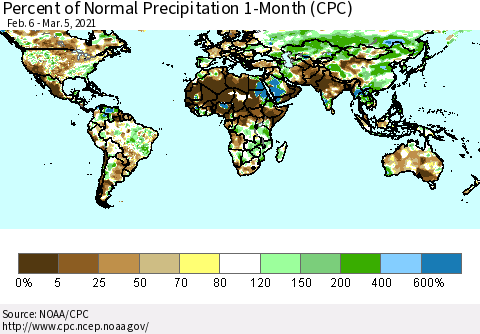 World Percent of Normal Precipitation 1-Month (CPC) Thematic Map For 2/6/2021 - 3/5/2021
