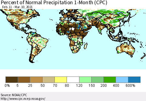 World Percent of Normal Precipitation 1-Month (CPC) Thematic Map For 2/11/2021 - 3/10/2021