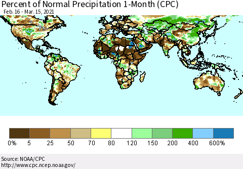 World Percent of Normal Precipitation 1-Month (CPC) Thematic Map For 2/16/2021 - 3/15/2021
