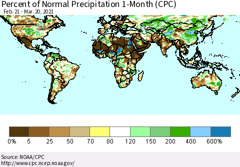 World Percent of Normal Precipitation 1-Month (CPC) Thematic Map For 2/21/2021 - 3/20/2021