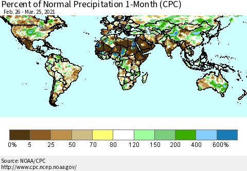 World Percent of Normal Precipitation 1-Month (CPC) Thematic Map For 2/26/2021 - 3/25/2021