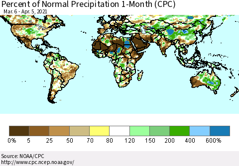 World Percent of Normal Precipitation 1-Month (CPC) Thematic Map For 3/6/2021 - 4/5/2021
