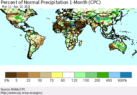 World Percent of Normal Precipitation 1-Month (CPC) Thematic Map For 3/11/2021 - 4/10/2021