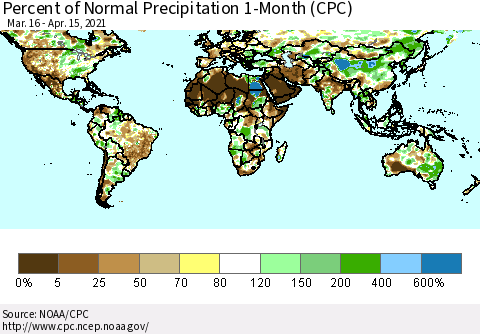 World Percent of Normal Precipitation 1-Month (CPC) Thematic Map For 3/16/2021 - 4/15/2021