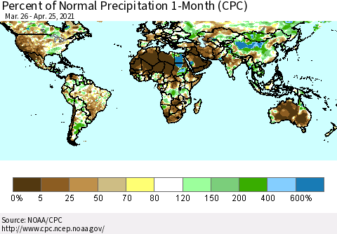 World Percent of Normal Precipitation 1-Month (CPC) Thematic Map For 3/26/2021 - 4/25/2021