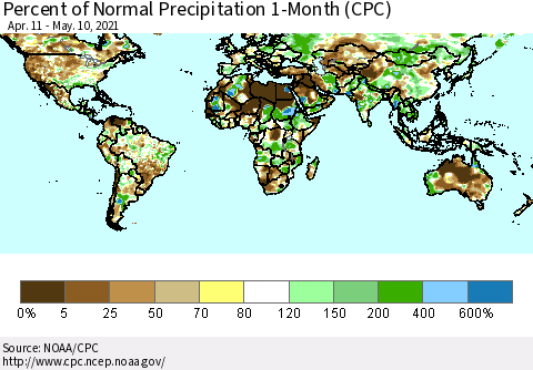 World Percent of Normal Precipitation 1-Month (CPC) Thematic Map For 4/11/2021 - 5/10/2021