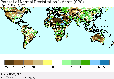 World Percent of Normal Precipitation 1-Month (CPC) Thematic Map For 4/16/2021 - 5/15/2021