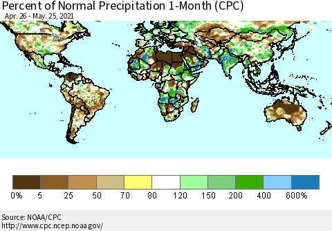World Percent of Normal Precipitation 1-Month (CPC) Thematic Map For 4/26/2021 - 5/25/2021