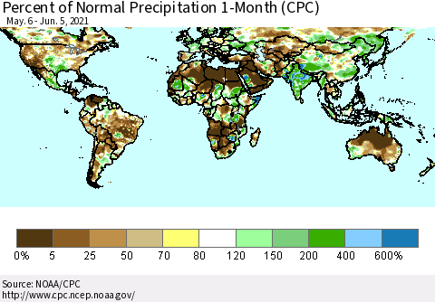 World Percent of Normal Precipitation 1-Month (CPC) Thematic Map For 5/6/2021 - 6/5/2021