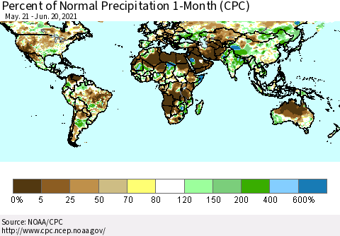 World Percent of Normal Precipitation 1-Month (CPC) Thematic Map For 5/21/2021 - 6/20/2021