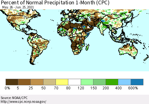 World Percent of Normal Precipitation 1-Month (CPC) Thematic Map For 5/26/2021 - 6/25/2021