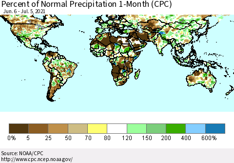 World Percent of Normal Precipitation 1-Month (CPC) Thematic Map For 6/6/2021 - 7/5/2021