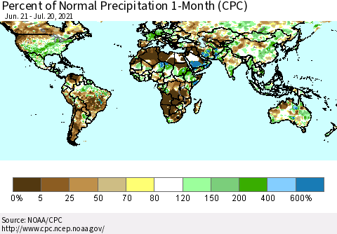 World Percent of Normal Precipitation 1-Month (CPC) Thematic Map For 6/21/2021 - 7/20/2021