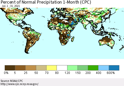 World Percent of Normal Precipitation 1-Month (CPC) Thematic Map For 7/1/2021 - 7/31/2021