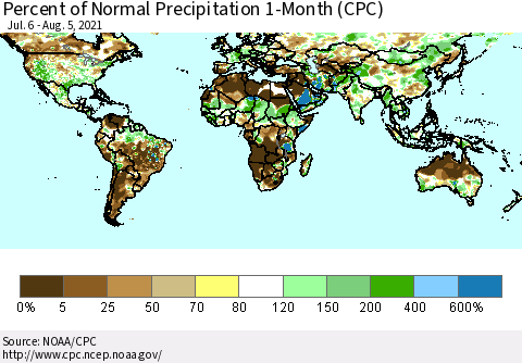 World Percent of Normal Precipitation 1-Month (CPC) Thematic Map For 7/6/2021 - 8/5/2021
