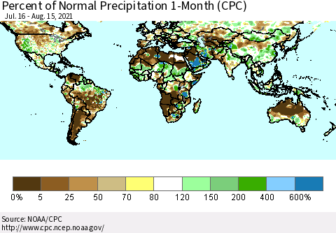 World Percent of Normal Precipitation 1-Month (CPC) Thematic Map For 7/16/2021 - 8/15/2021