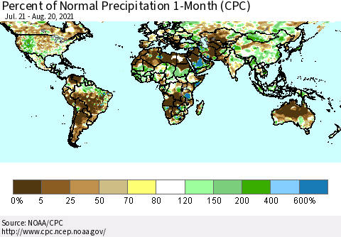 World Percent of Normal Precipitation 1-Month (CPC) Thematic Map For 7/21/2021 - 8/20/2021