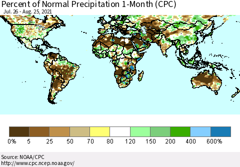 World Percent of Normal Precipitation 1-Month (CPC) Thematic Map For 7/26/2021 - 8/25/2021