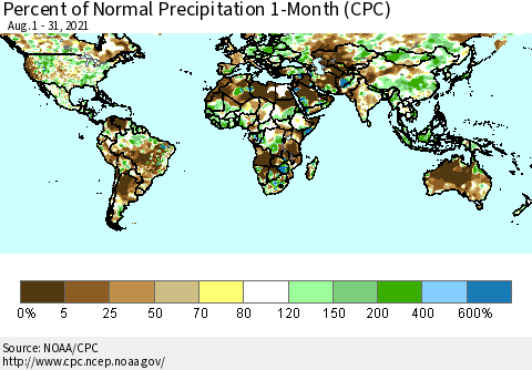 World Percent of Normal Precipitation 1-Month (CPC) Thematic Map For 8/1/2021 - 8/31/2021