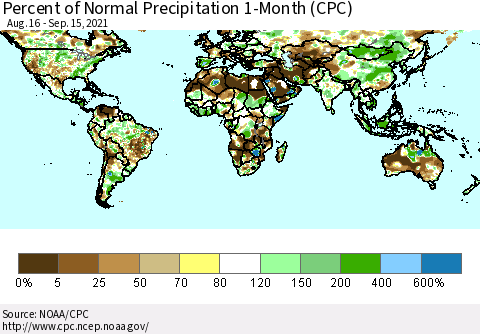 World Percent of Normal Precipitation 1-Month (CPC) Thematic Map For 8/16/2021 - 9/15/2021