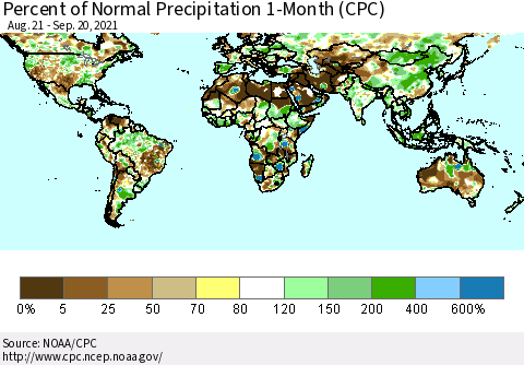 World Percent of Normal Precipitation 1-Month (CPC) Thematic Map For 8/21/2021 - 9/20/2021