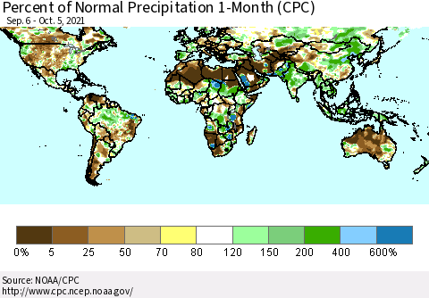 World Percent of Normal Precipitation 1-Month (CPC) Thematic Map For 9/6/2021 - 10/5/2021