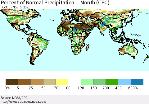 World Percent of Normal Precipitation 1-Month (CPC) Thematic Map For 10/6/2021 - 11/5/2021