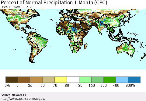 World Percent of Normal Precipitation 1-Month (CPC) Thematic Map For 10/11/2021 - 11/10/2021
