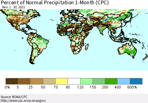 World Percent of Normal Precipitation 1-Month (CPC) Thematic Map For 11/1/2021 - 11/30/2021